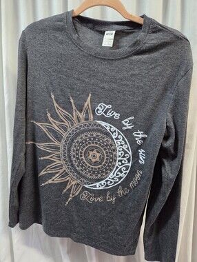 Long Sleeve Graphic Tee - 'Live by the Sun' Sun & Moon Design - Gray